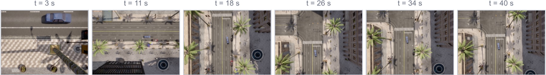 Six onboard UAV frames sampled across a tracking run, keeping the motorcycle in view.
