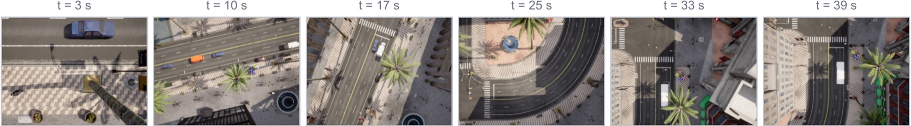 Six onboard UAV frames sampled across a multi-agent tracking run, keeping the bus in view.