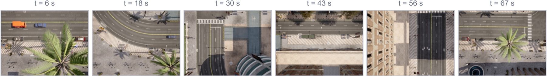 Six onboard UAV frames sampled across a survey patrol, looking down on the streets the route covers.