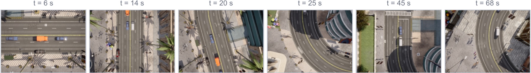 Six onboard UAV frames sampled across a tailgating run, keeping the van and ego car in view.